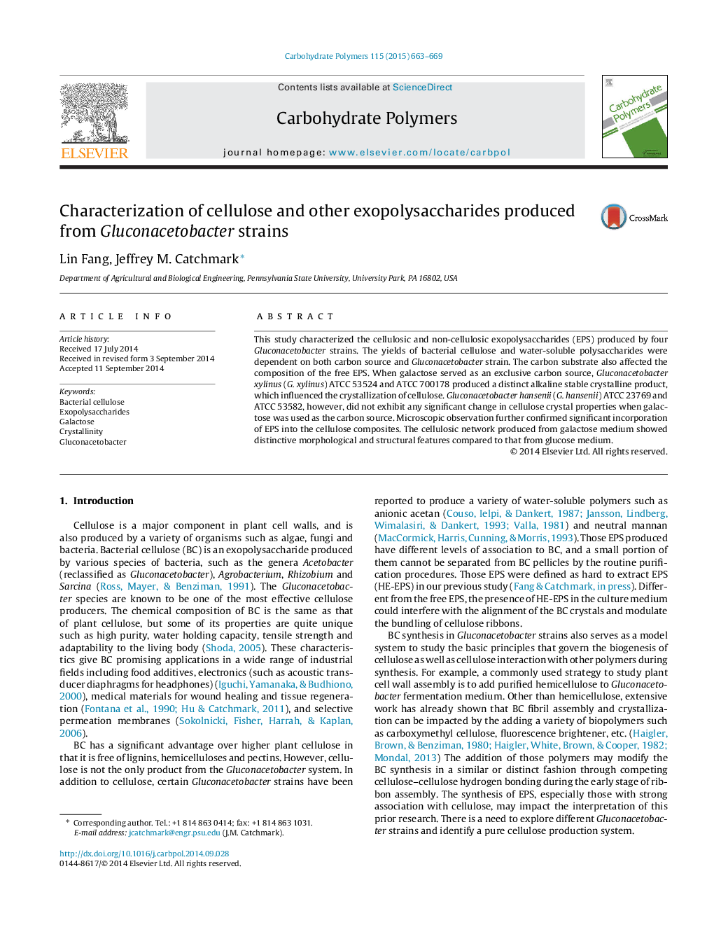 Characterization of cellulose and other exopolysaccharides produced from Gluconacetobacter strains