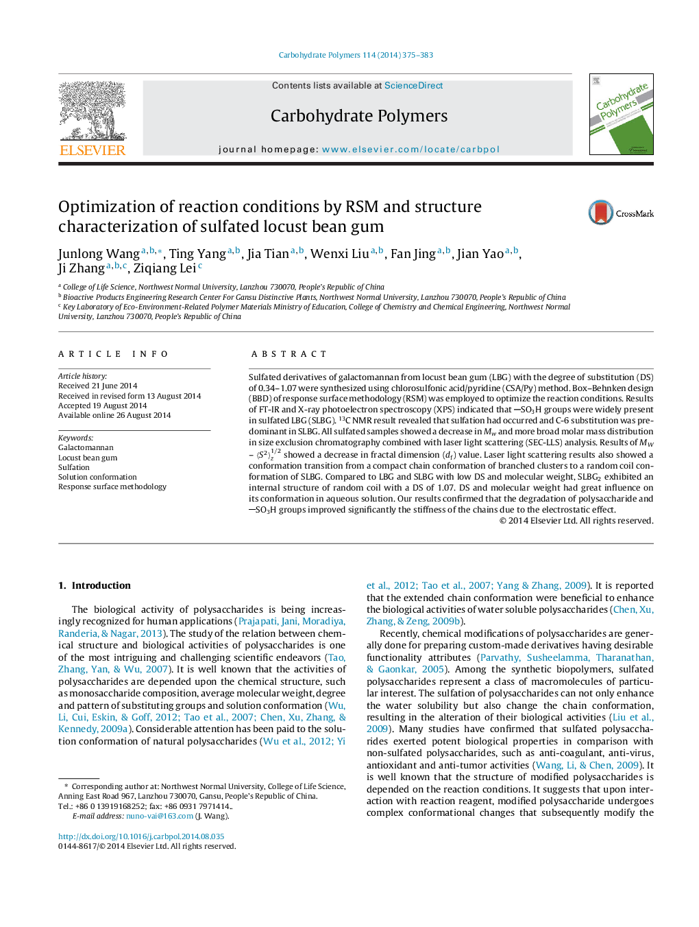 Optimization of reaction conditions by RSM and structure characterization of sulfated locust bean gum