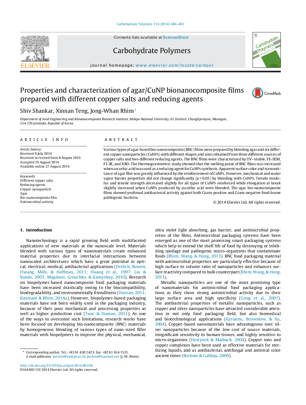 Properties and characterization of agar/CuNP bionanocomposite films prepared with different copper salts and reducing agents