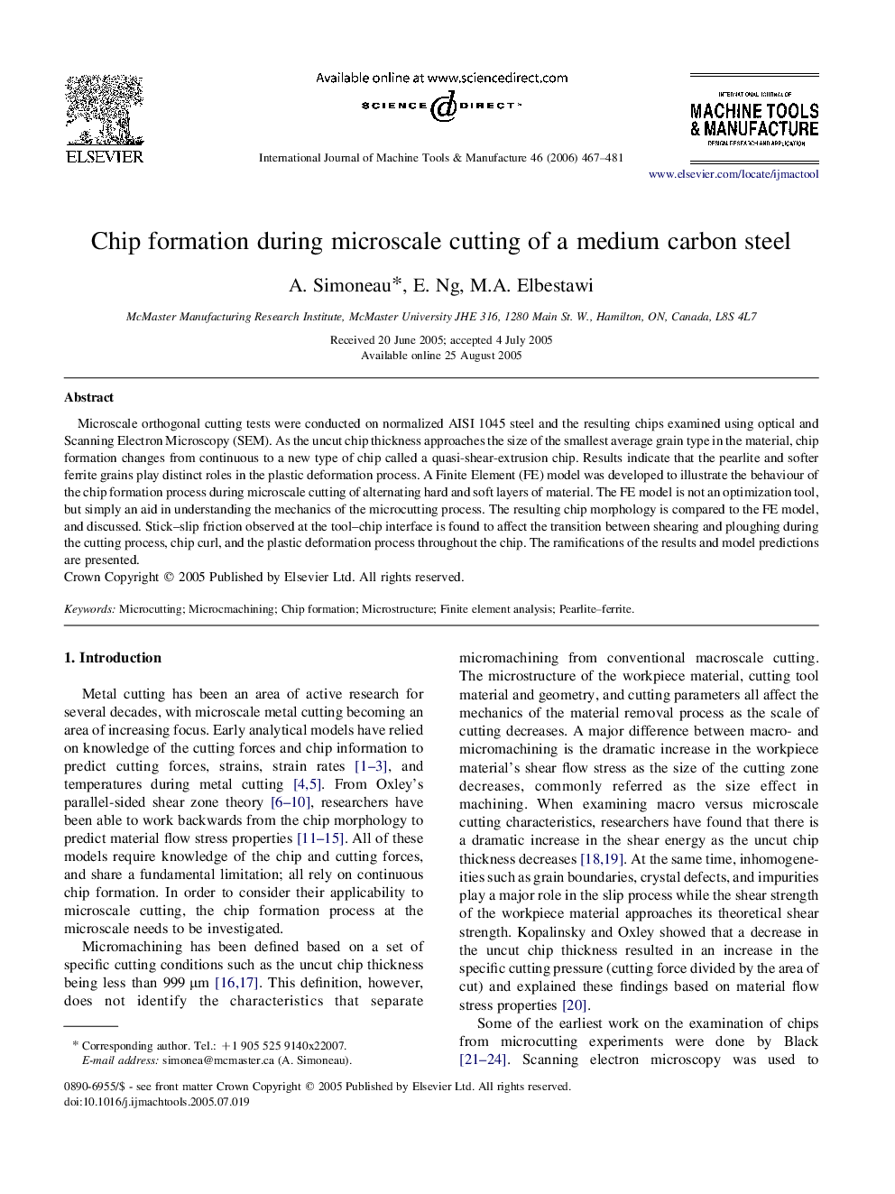 Chip formation during microscale cutting of a medium carbon steel