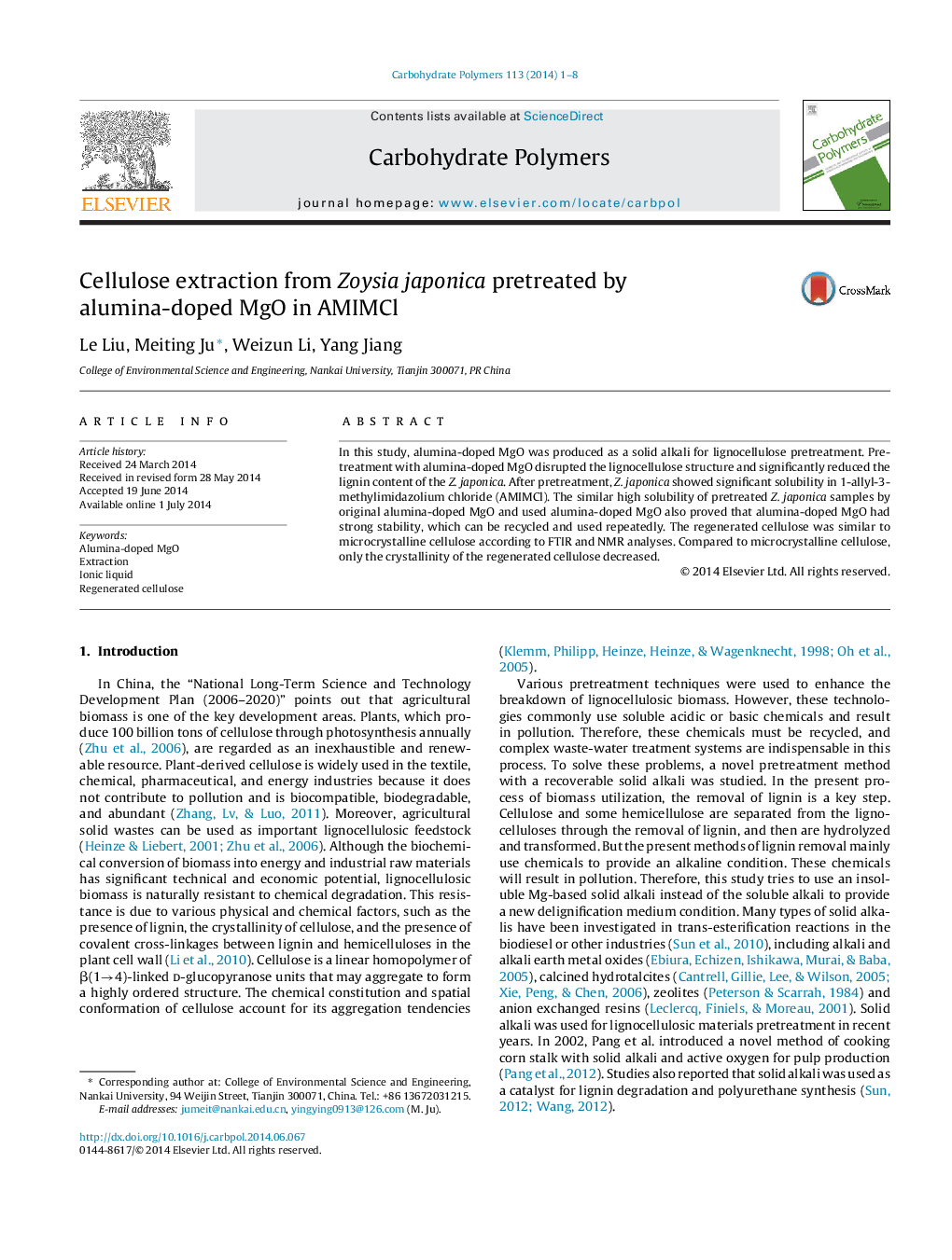 Cellulose extraction from Zoysia japonica pretreated by alumina-doped MgO in AMIMCl