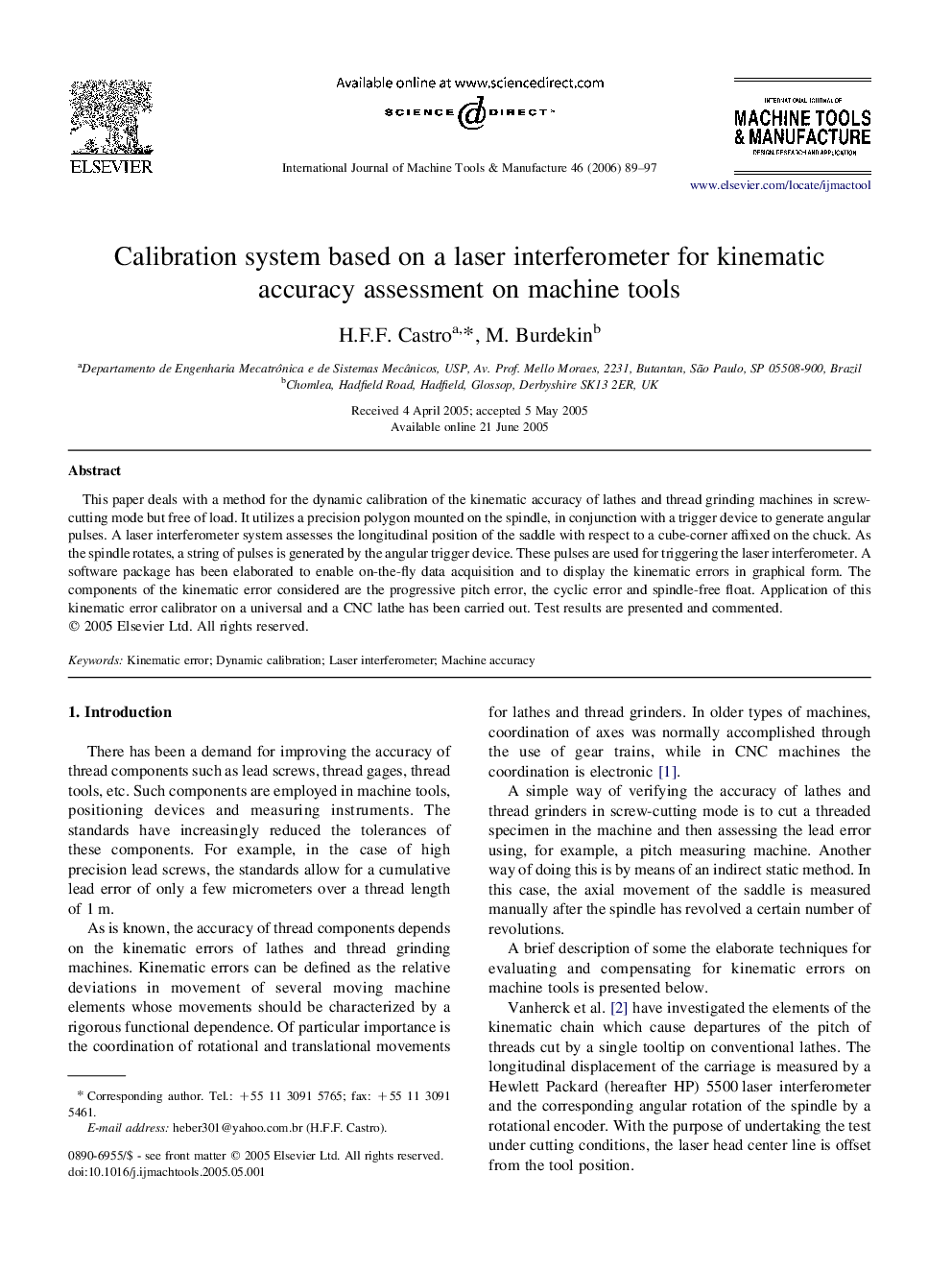 Calibration system based on a laser interferometer for kinematic accuracy assessment on machine tools