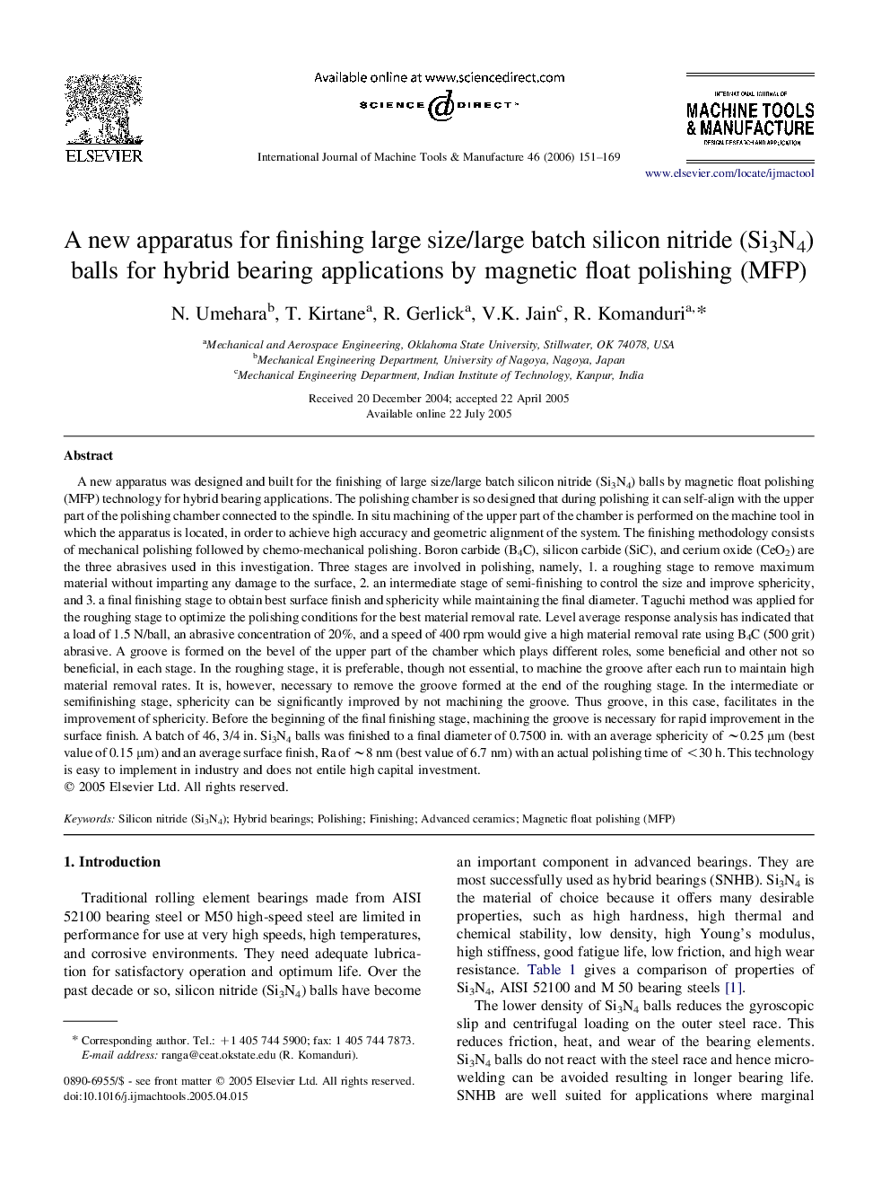 A new apparatus for finishing large size/large batch silicon nitride (Si3N4) balls for hybrid bearing applications by magnetic float polishing (MFP)