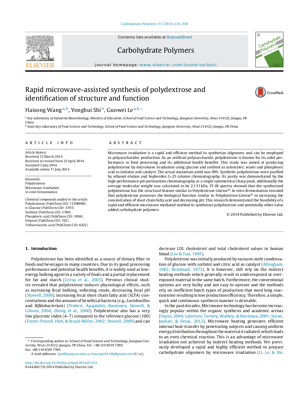 Rapid microwave-assisted synthesis of polydextrose and identification of structure and function