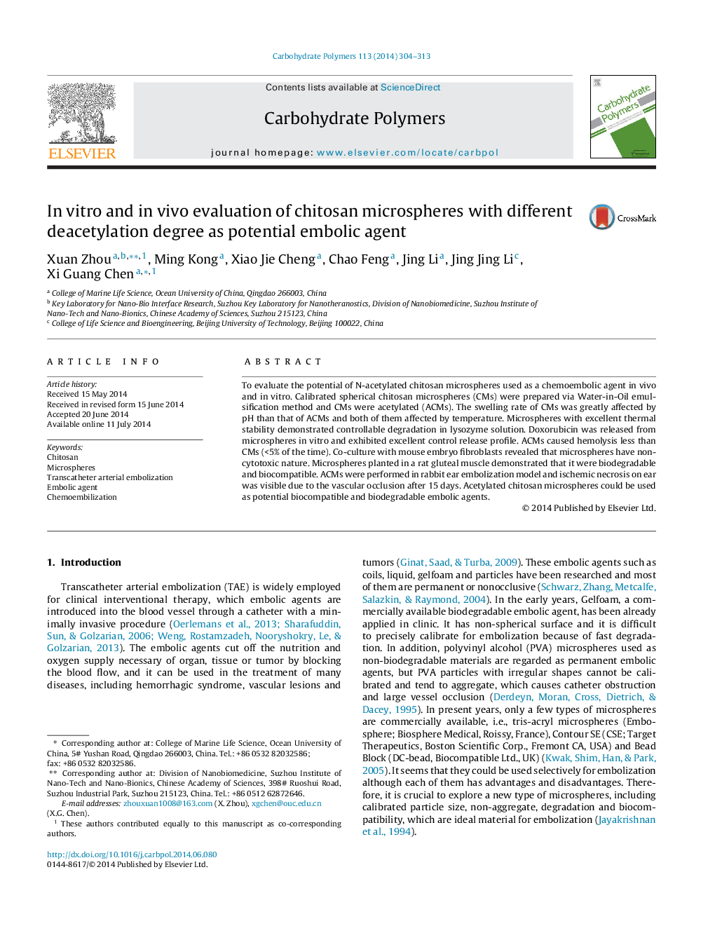 In vitro and in vivo evaluation of chitosan microspheres with different deacetylation degree as potential embolic agent