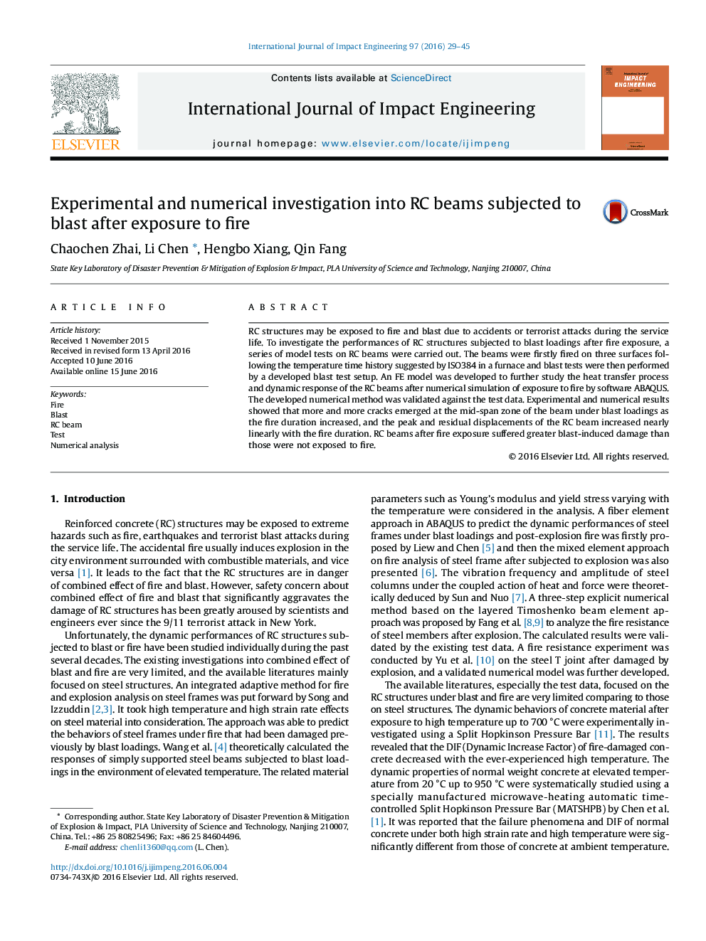 Experimental and numerical investigation into RC beams subjected to blast after exposure to fire