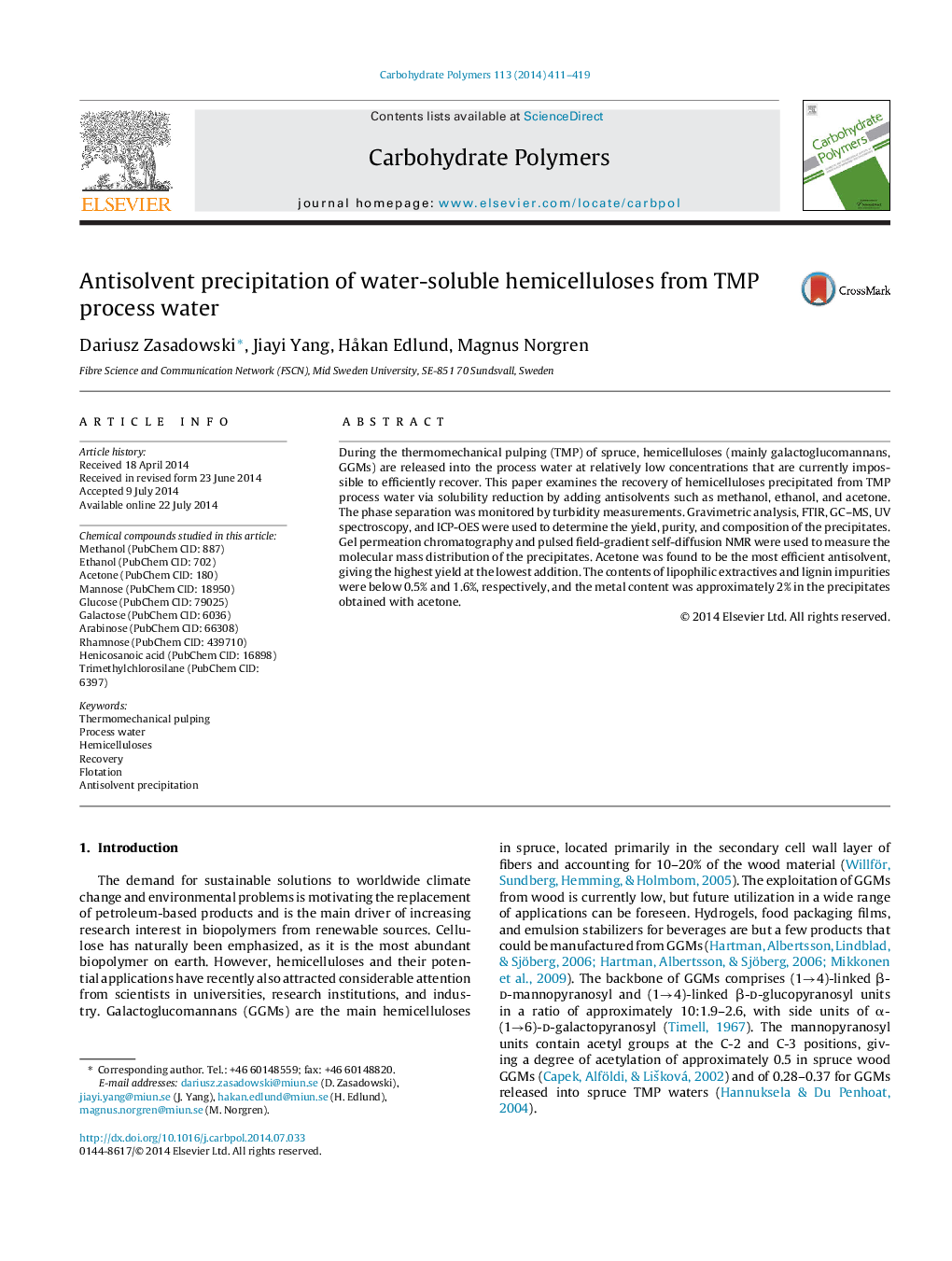 Antisolvent precipitation of water-soluble hemicelluloses from TMP process water