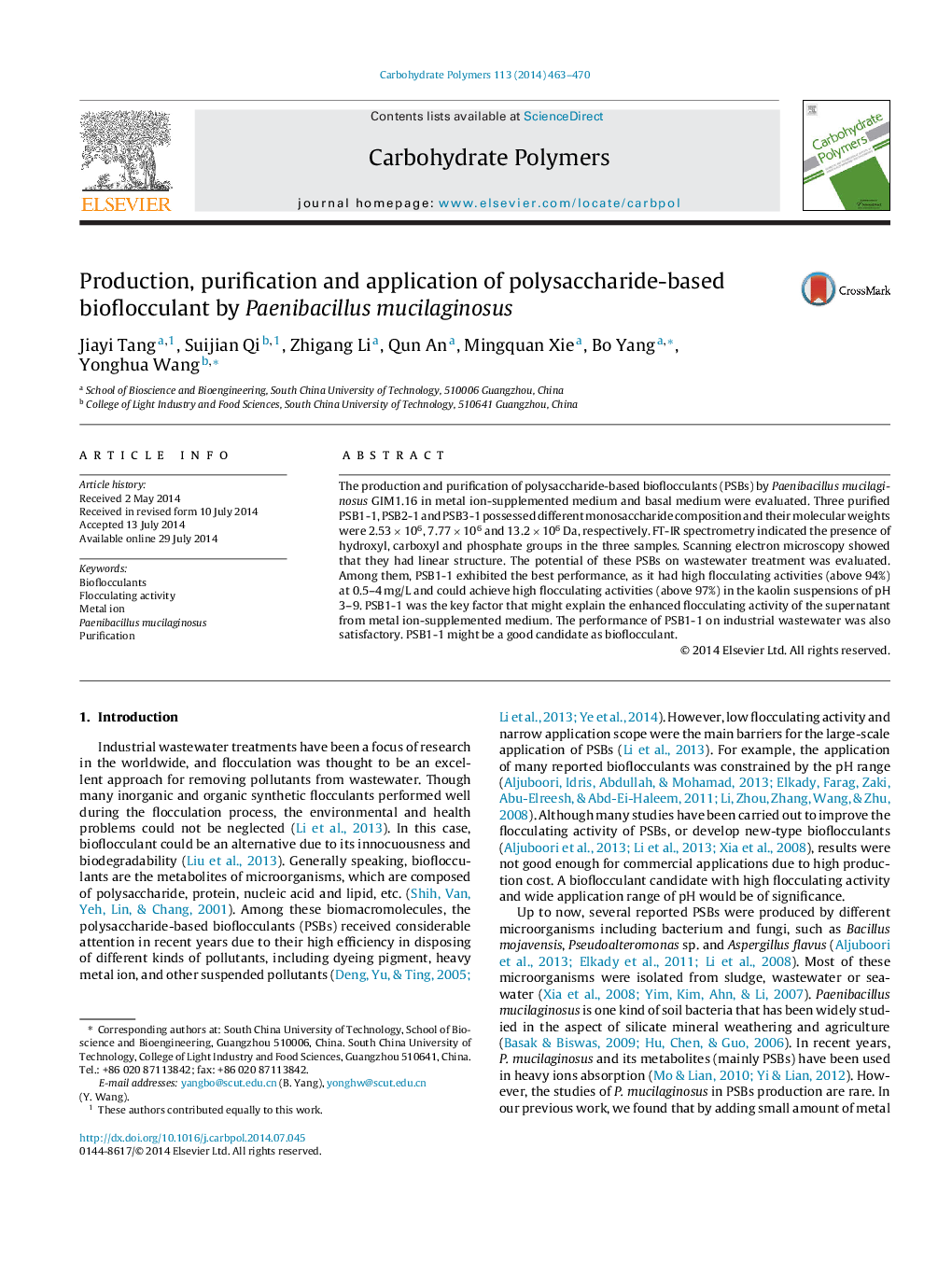 Production, purification and application of polysaccharide-based bioflocculant by Paenibacillus mucilaginosus