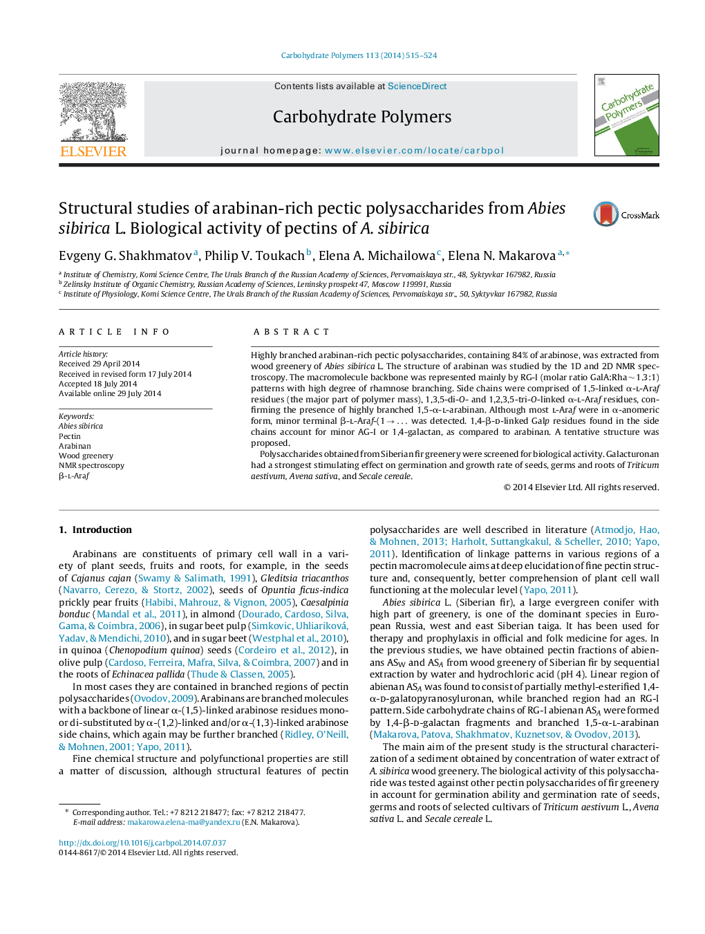 Structural studies of arabinan-rich pectic polysaccharides from Abies sibirica L. Biological activity of pectins of A. sibirica