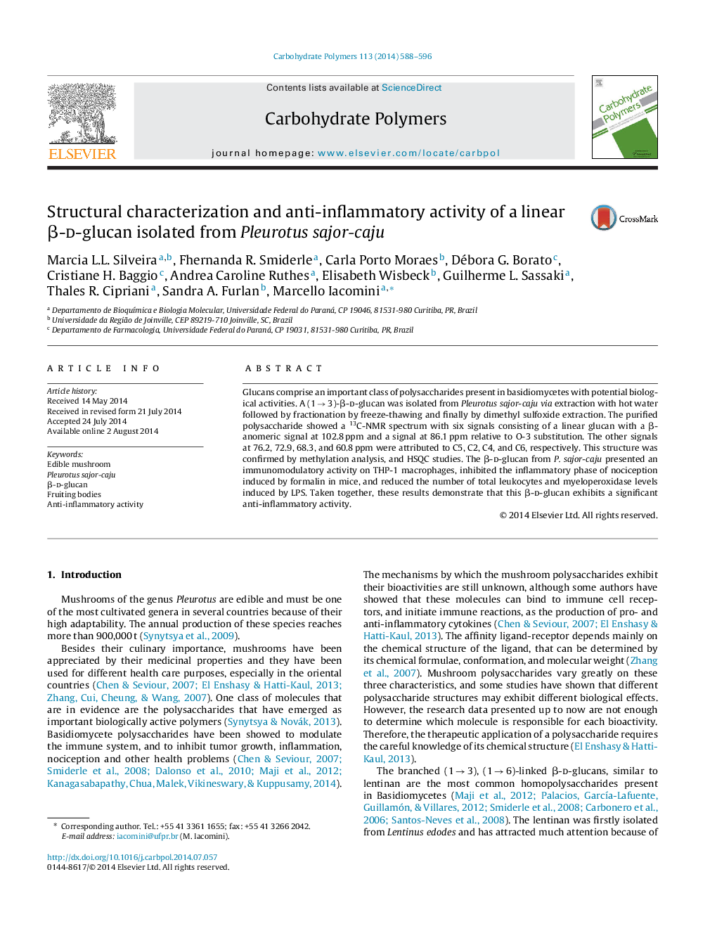 Structural characterization and anti-inflammatory activity of a linear Î²-d-glucan isolated from Pleurotus sajor-caju