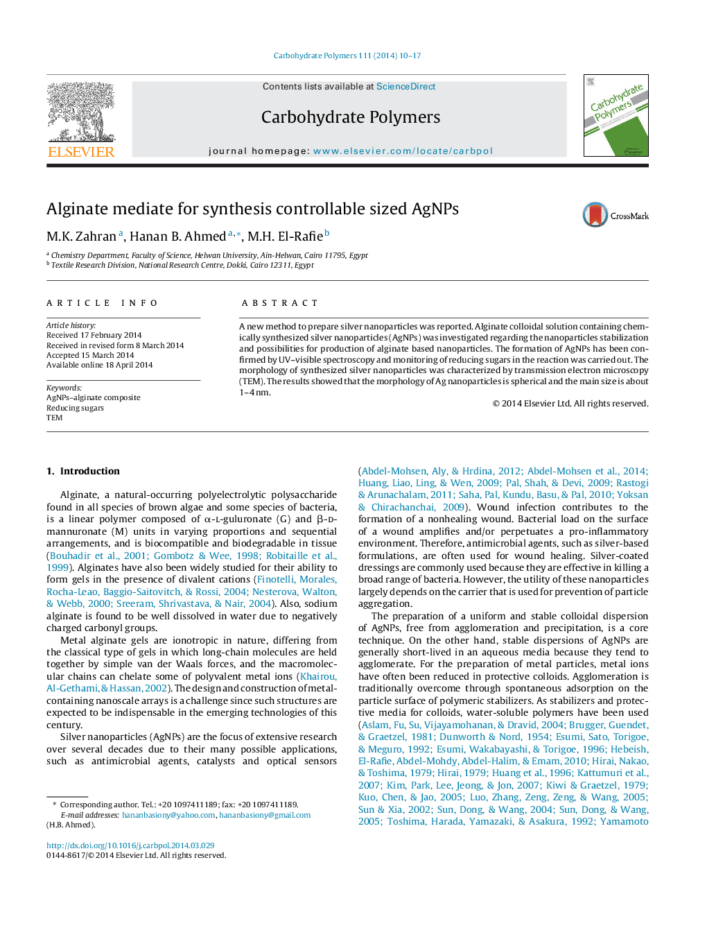 Alginate mediate for synthesis controllable sized AgNPs