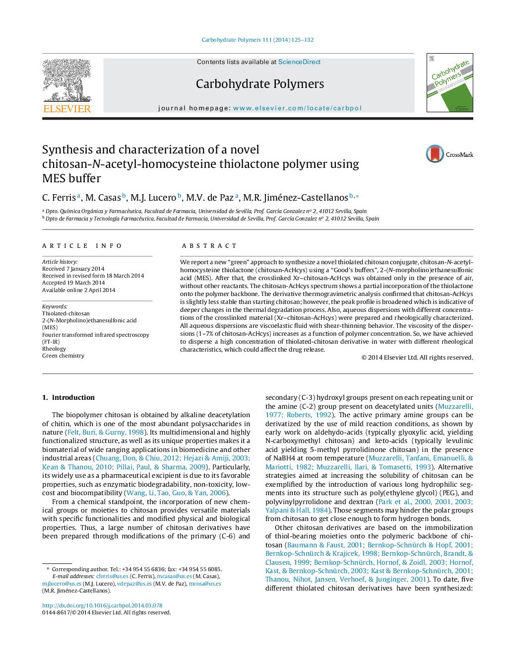 Synthesis and characterization of a novel chitosan-N-acetyl-homocysteine thiolactone polymer using MES buffer