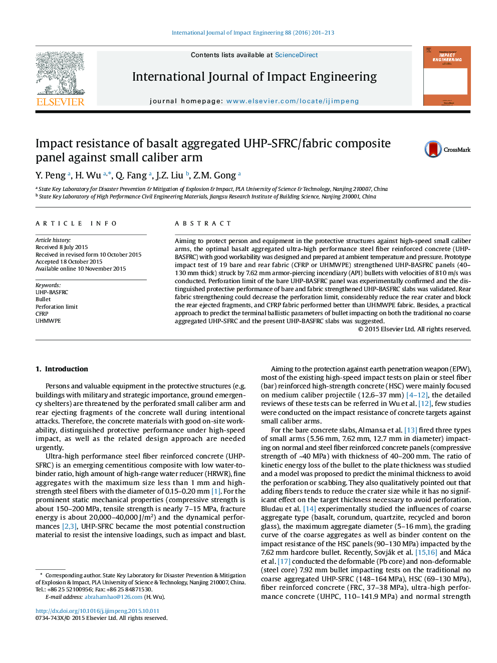 Impact resistance of basalt aggregated UHP-SFRC/fabric composite panel against small caliber arm