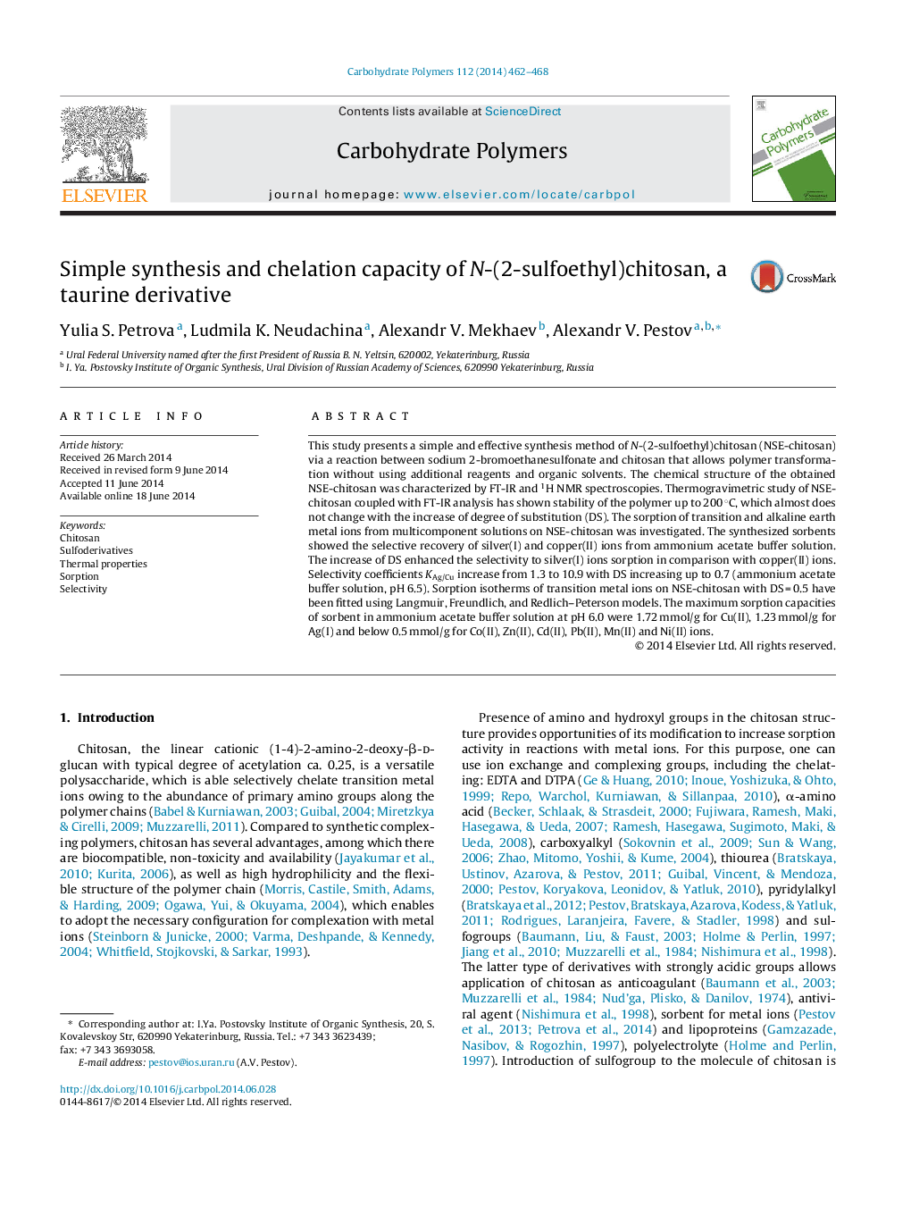 Simple synthesis and chelation capacity of N-(2-sulfoethyl)chitosan, a taurine derivative