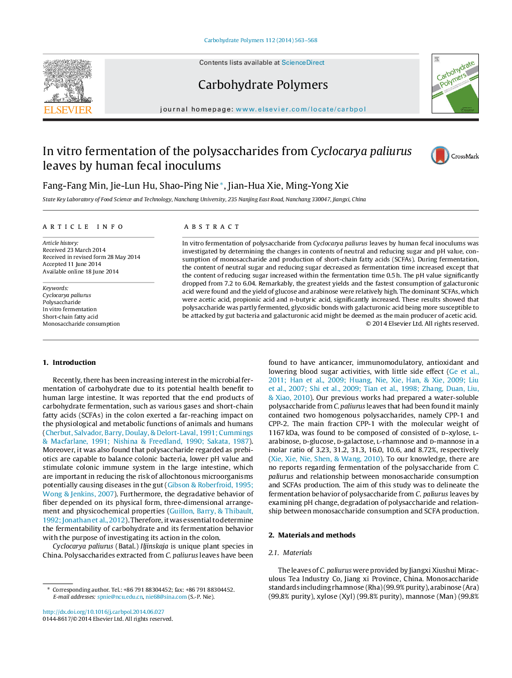 In vitro fermentation of the polysaccharides from Cyclocarya paliurus leaves by human fecal inoculums