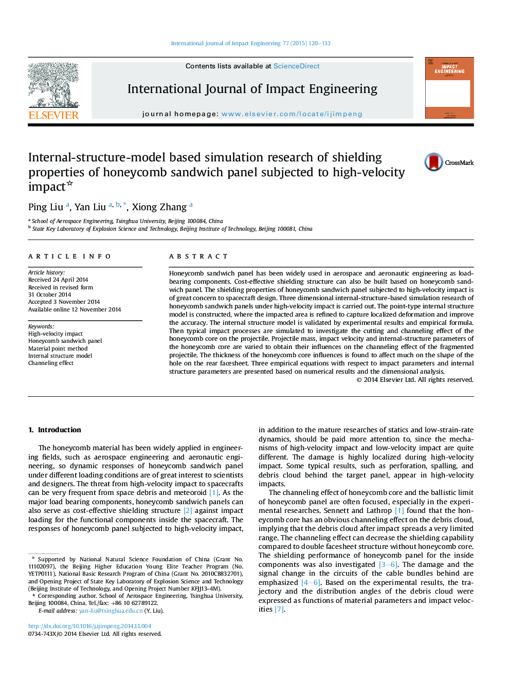 Internal-structure-model based simulation research of shielding properties of honeycomb sandwich panel subjected to high-velocity impact 