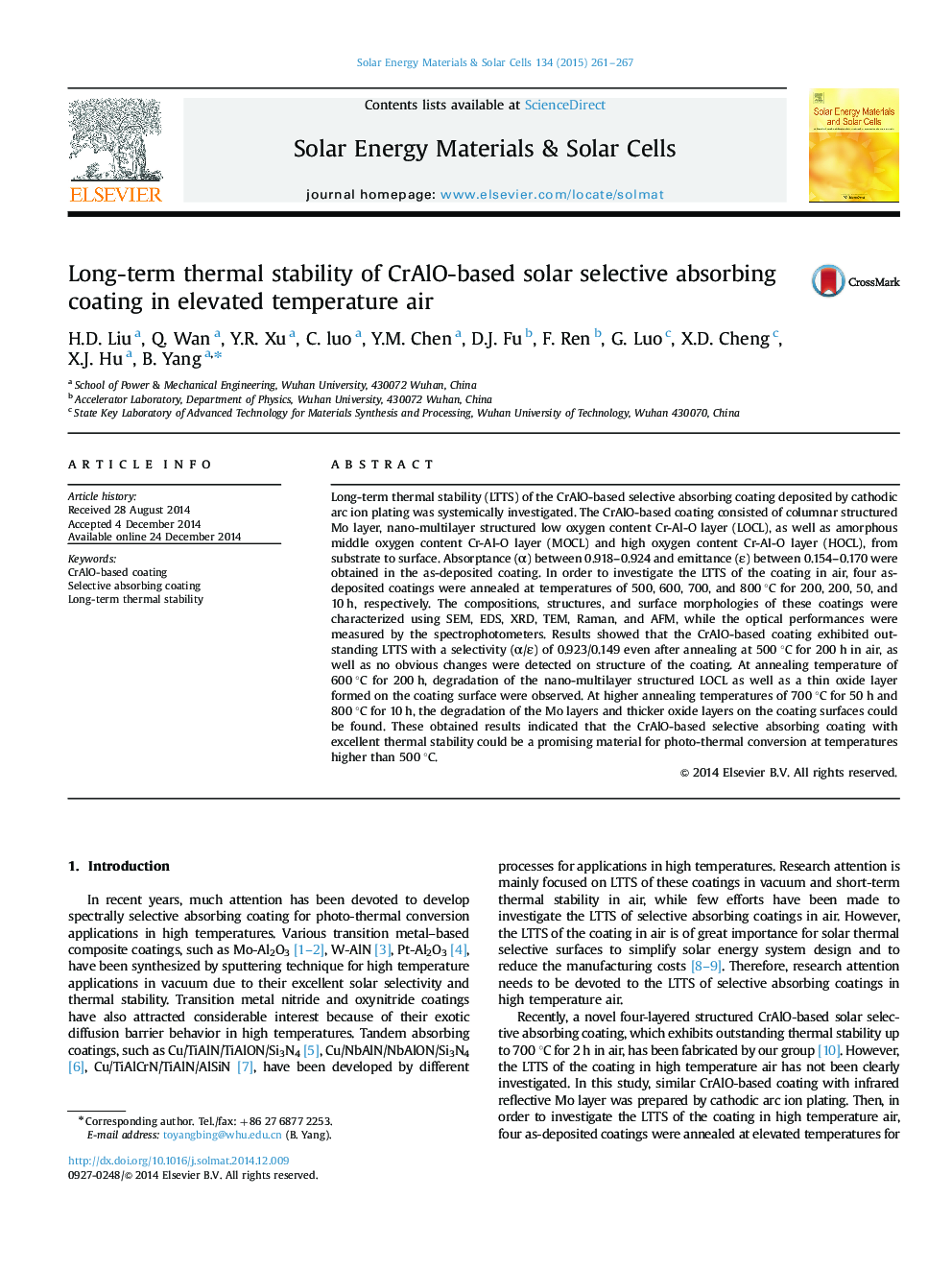 Long-term thermal stability of CrAlO-based solar selective absorbing coating in elevated temperature air