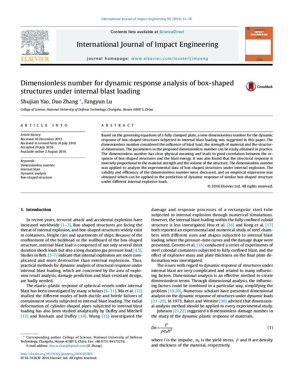 Dimensionless number for dynamic response analysis of box-shaped structures under internal blast loading