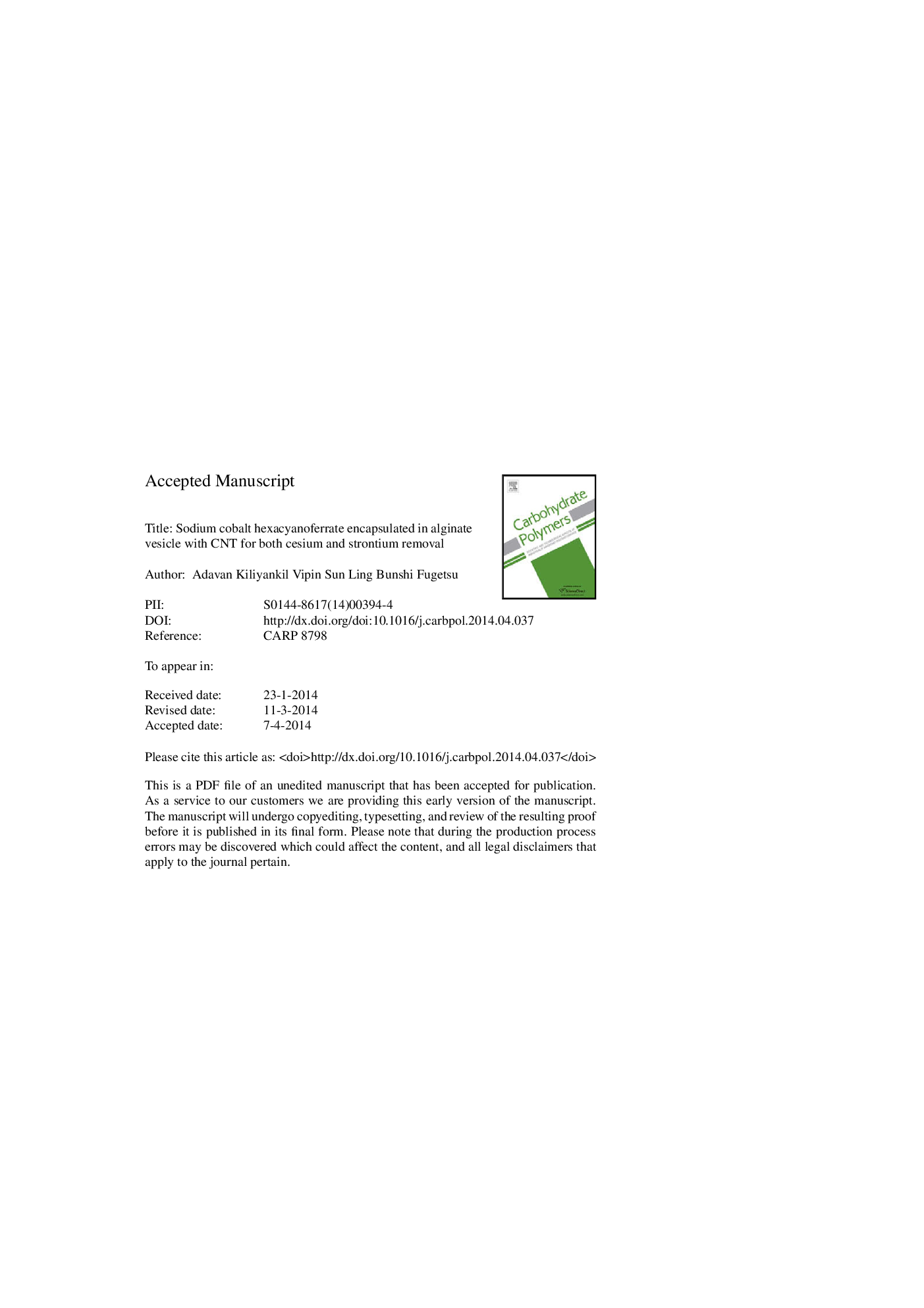 Sodium cobalt hexacyanoferrate encapsulated in alginate vesicle with CNT for both cesium and strontium removal