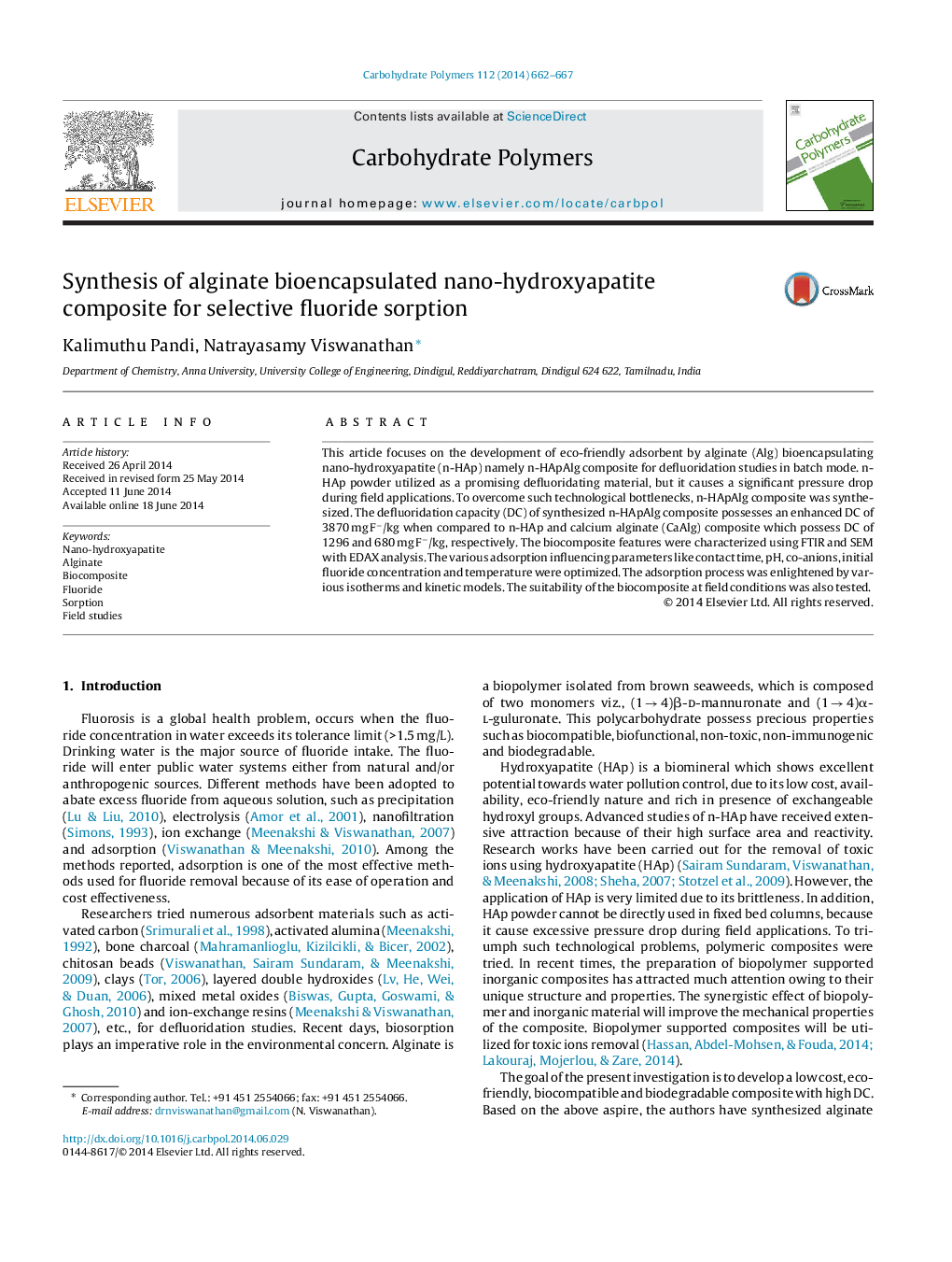 Synthesis of alginate bioencapsulated nano-hydroxyapatite composite for selective fluoride sorption