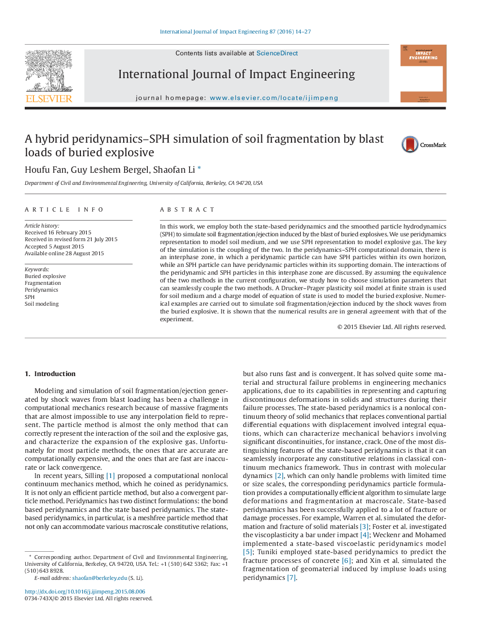 A hybrid peridynamics–SPH simulation of soil fragmentation by blast loads of buried explosive