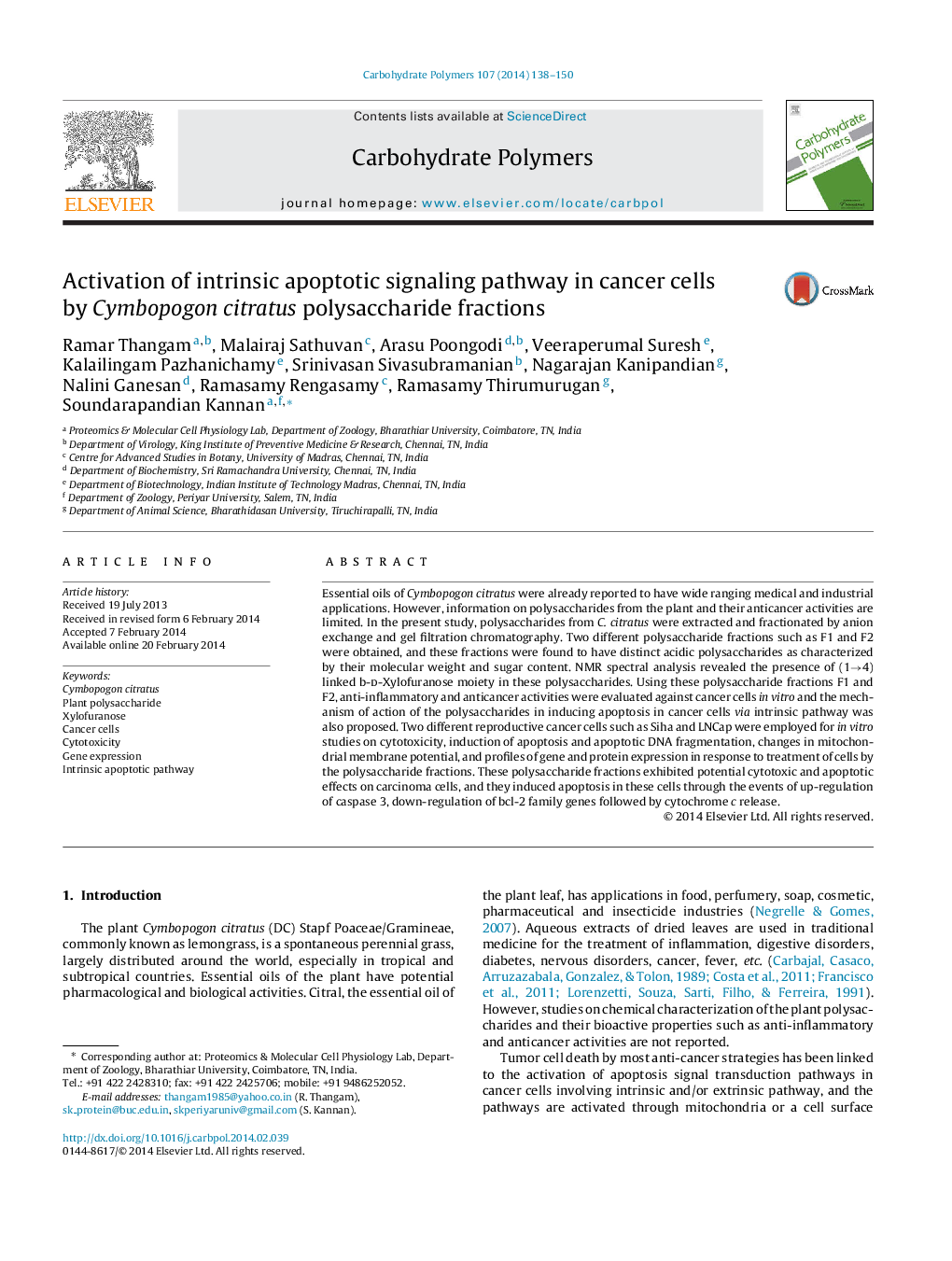 Activation of intrinsic apoptotic signaling pathway in cancer cells by Cymbopogon citratus polysaccharide fractions