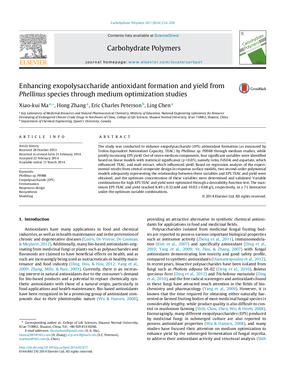 Enhancing exopolysaccharide antioxidant formation and yield from Phellinus species through medium optimization studies