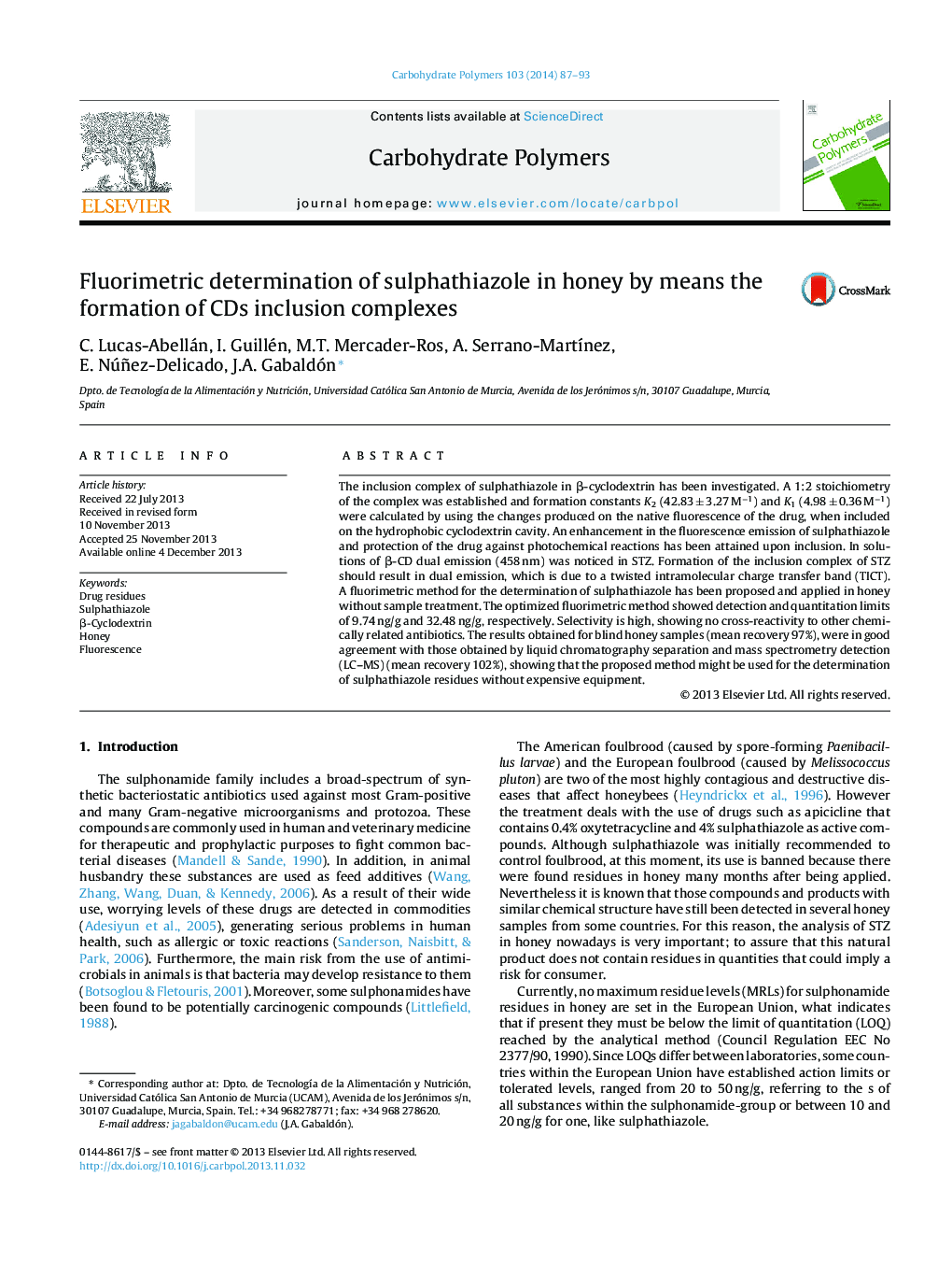 Fluorimetric determination of sulphathiazole in honey by means the formation of CDs inclusion complexes