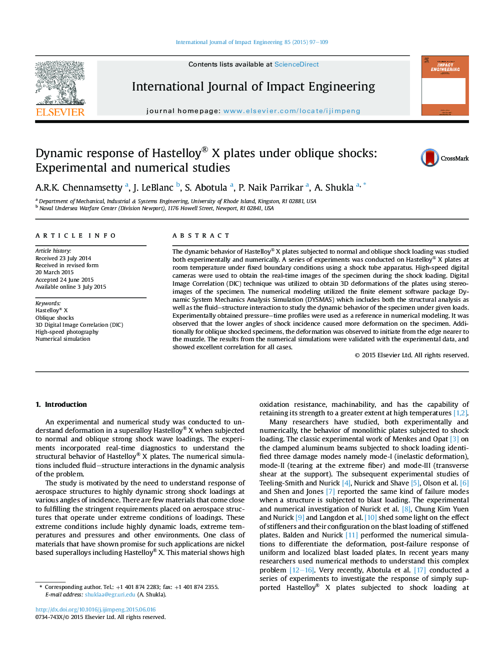 Dynamic response of Hastelloy® X plates under oblique shocks: Experimental and numerical studies