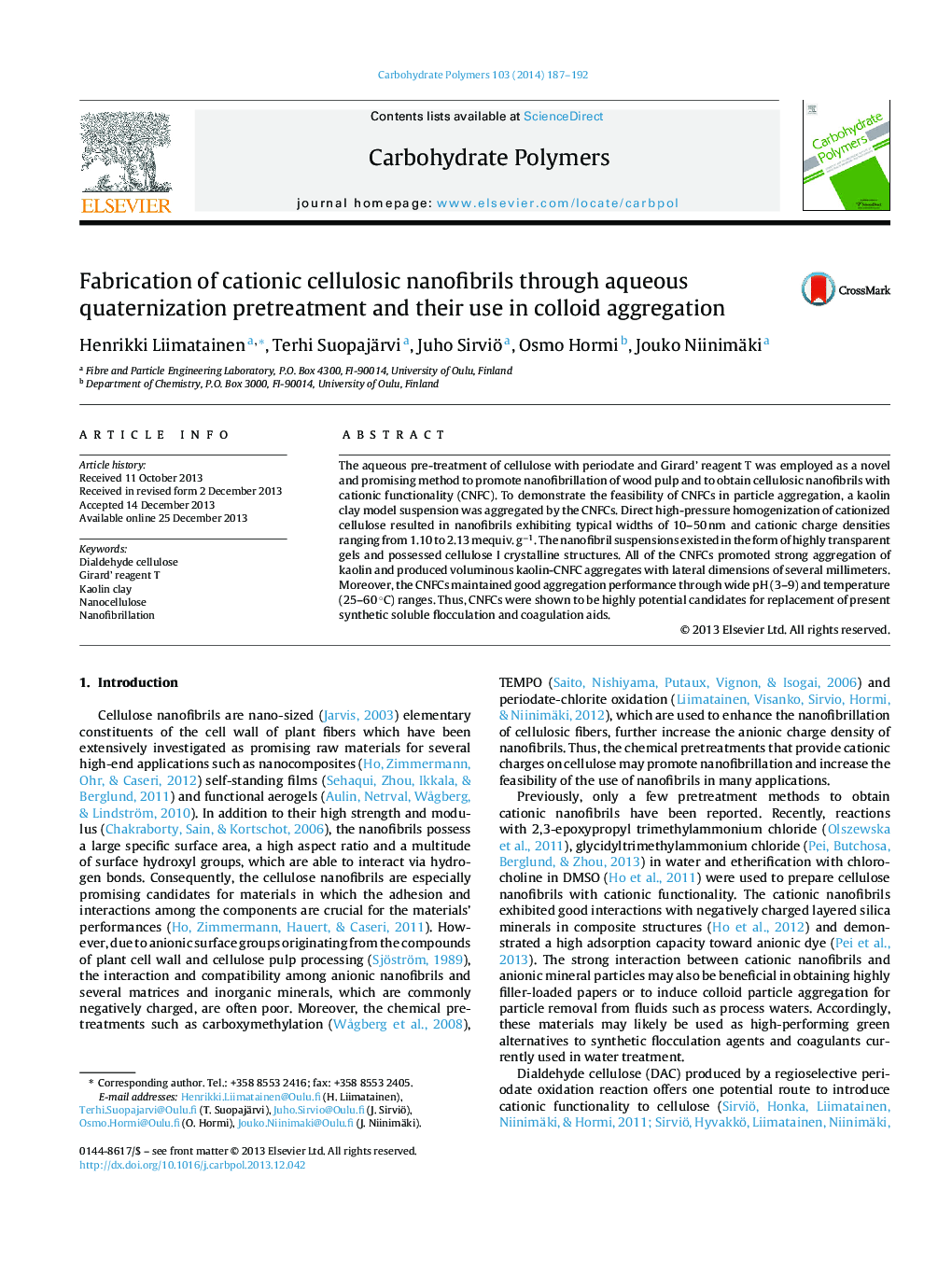 Fabrication of cationic cellulosic nanofibrils through aqueous quaternization pretreatment and their use in colloid aggregation