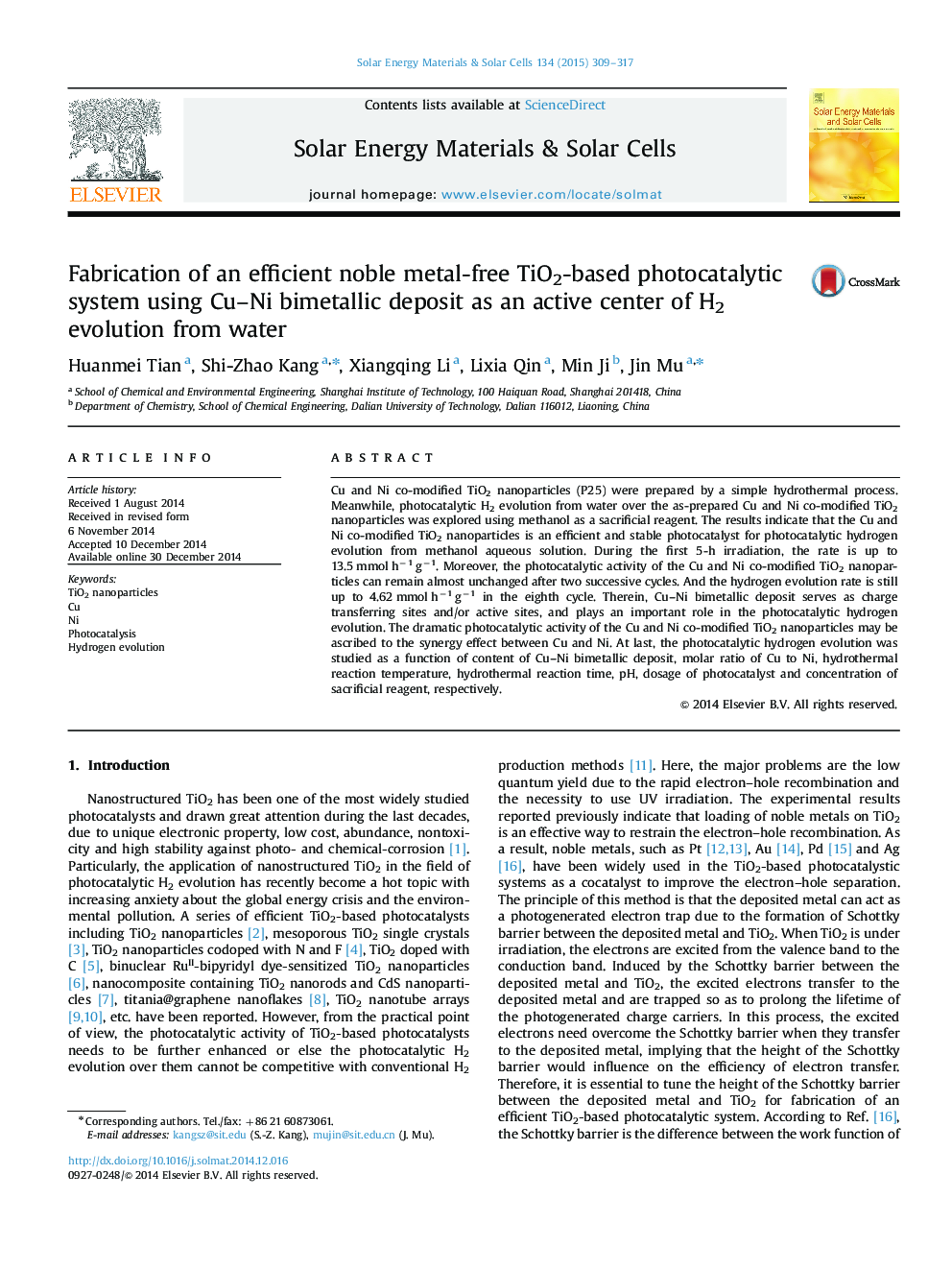 Fabrication of an efficient noble metal-free TiO2-based photocatalytic system using Cu–Ni bimetallic deposit as an active center of H2 evolution from water