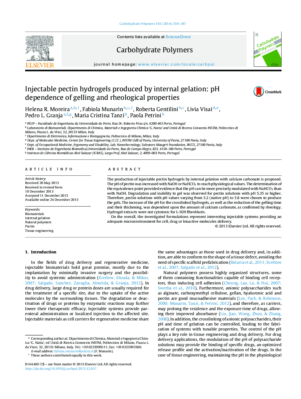 Injectable pectin hydrogels produced by internal gelation: pH dependence of gelling and rheological properties