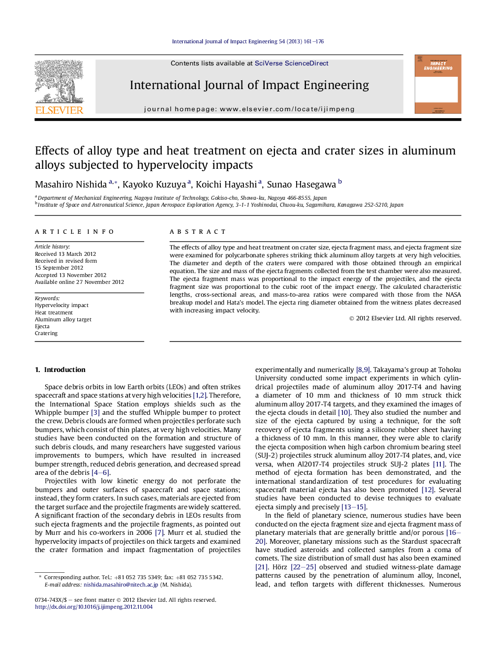 Effects of alloy type and heat treatment on ejecta and crater sizes in aluminum alloys subjected to hypervelocity impacts