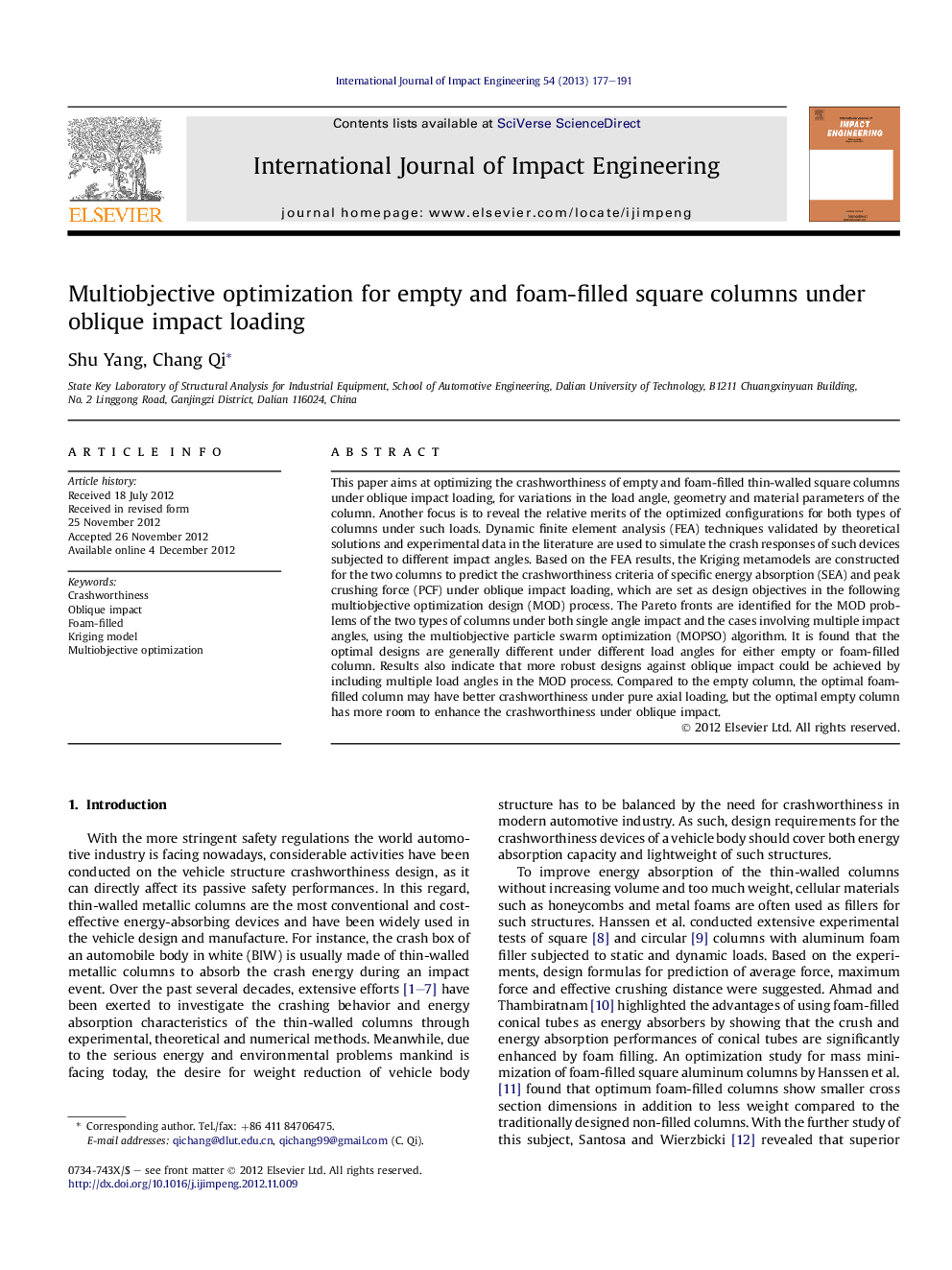 Multiobjective optimization for empty and foam-filled square columns under oblique impact loading