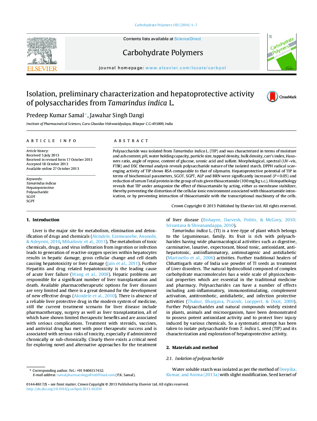 Isolation, preliminary characterization and hepatoprotective activity of polysaccharides from Tamarindus indica L.