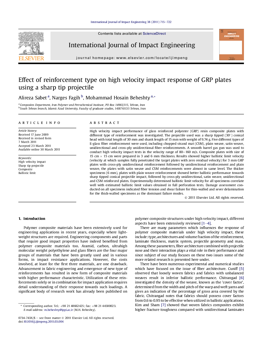 Effect of reinforcement type on high velocity impact response of GRP plates using a sharp tip projectile