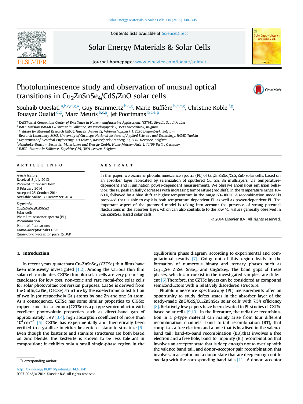 Photoluminescence study and observation of unusual optical transitions in Cu2ZnSnSe4/CdS/ZnO solar cells