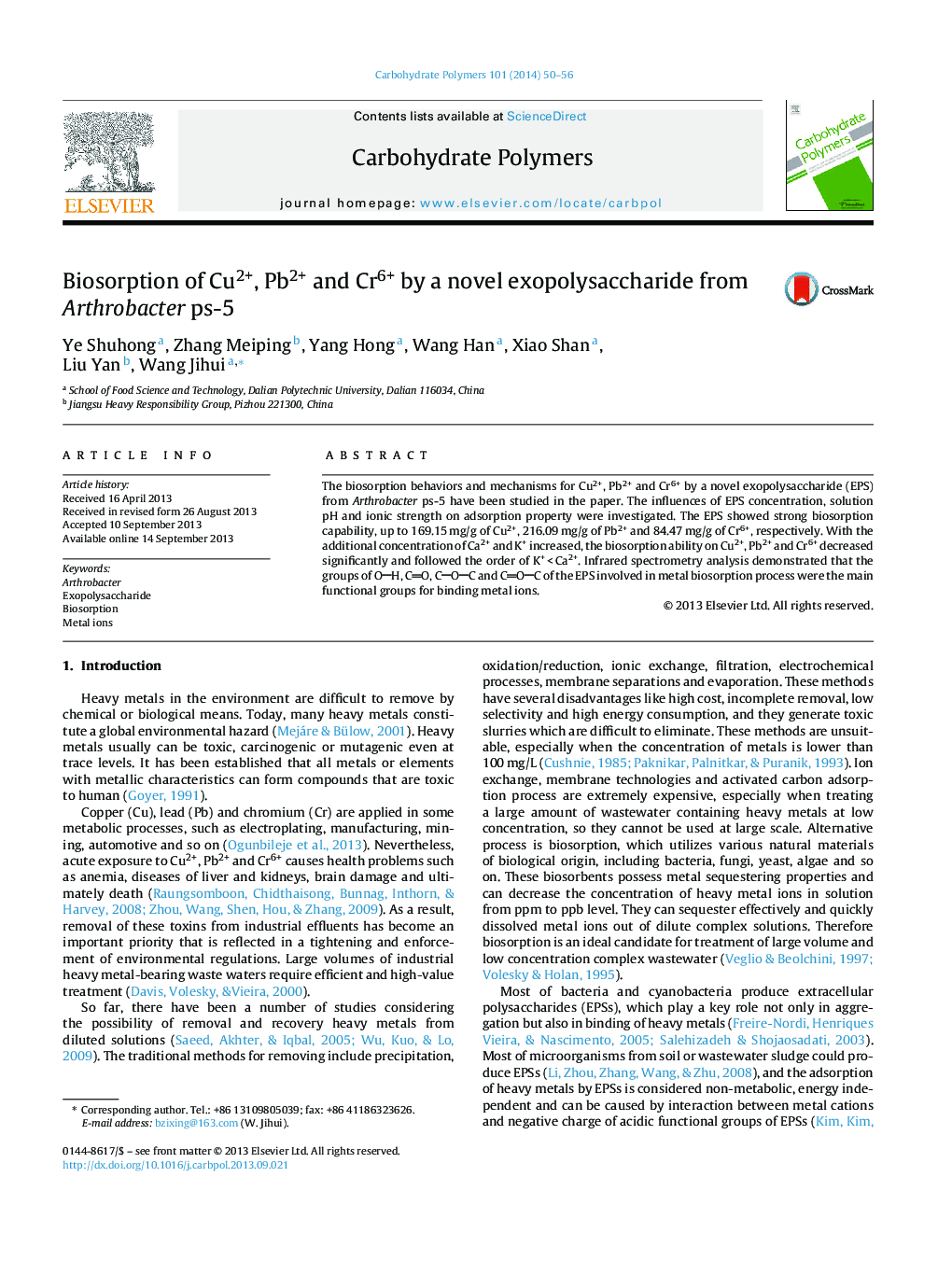 Biosorption of Cu2+, Pb2+ and Cr6+ by a novel exopolysaccharide from Arthrobacter ps-5