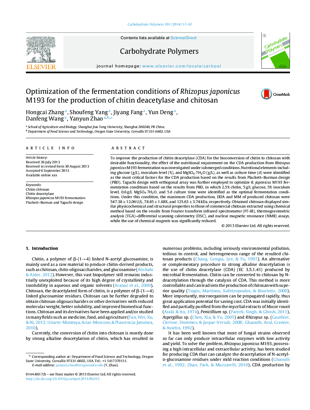 Optimization of the fermentation conditions of Rhizopus japonicus M193 for the production of chitin deacetylase and chitosan