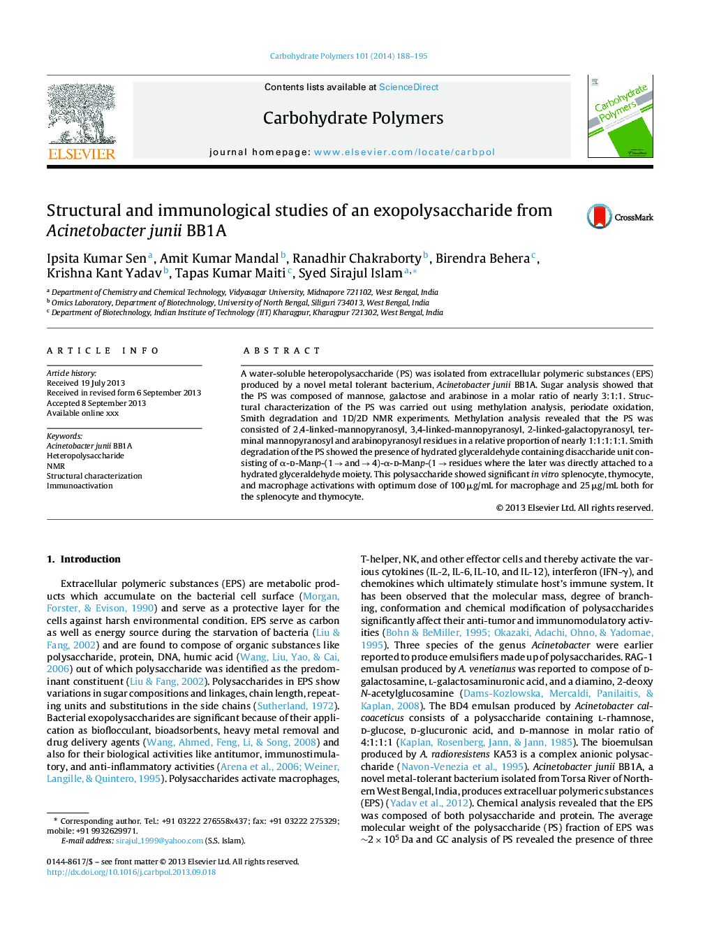 Structural and immunological studies of an exopolysaccharide from Acinetobacter junii BB1A