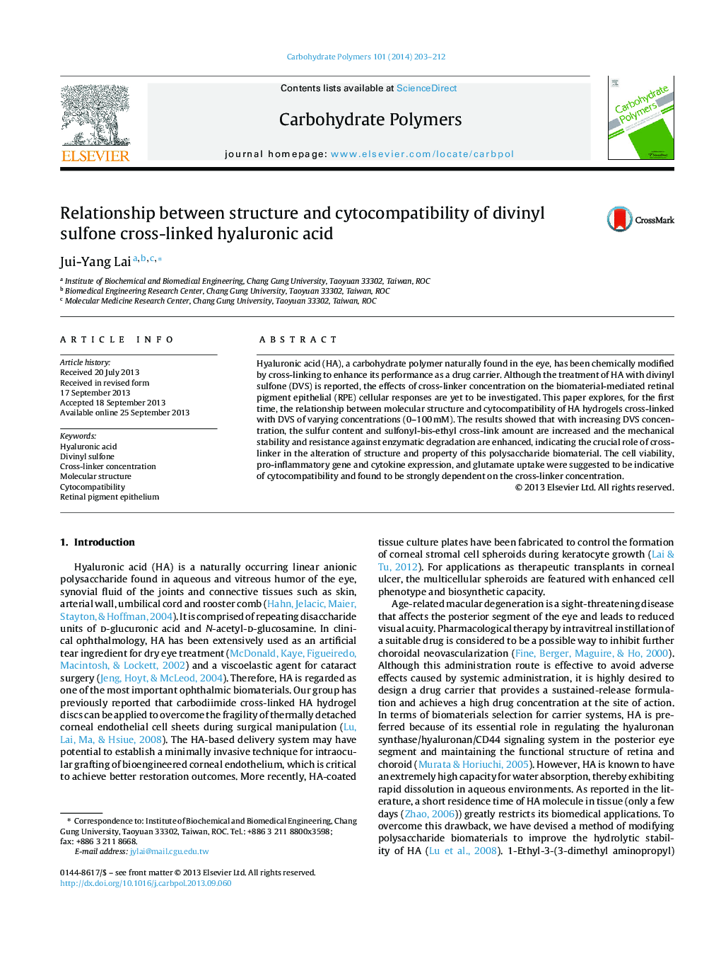 Relationship between structure and cytocompatibility of divinyl sulfone cross-linked hyaluronic acid