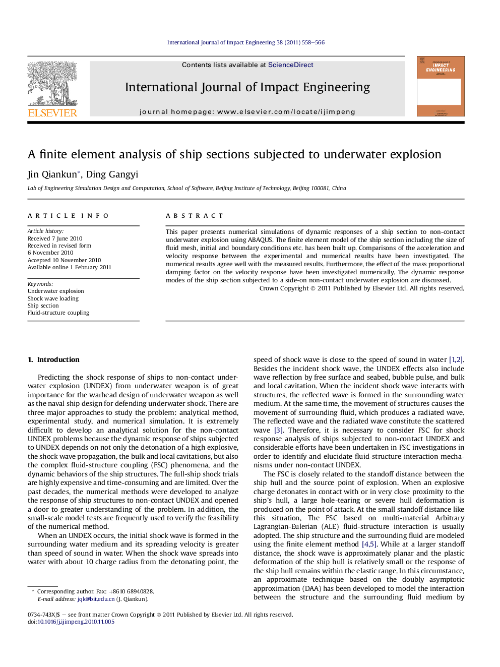 A finite element analysis of ship sections subjected to underwater explosion