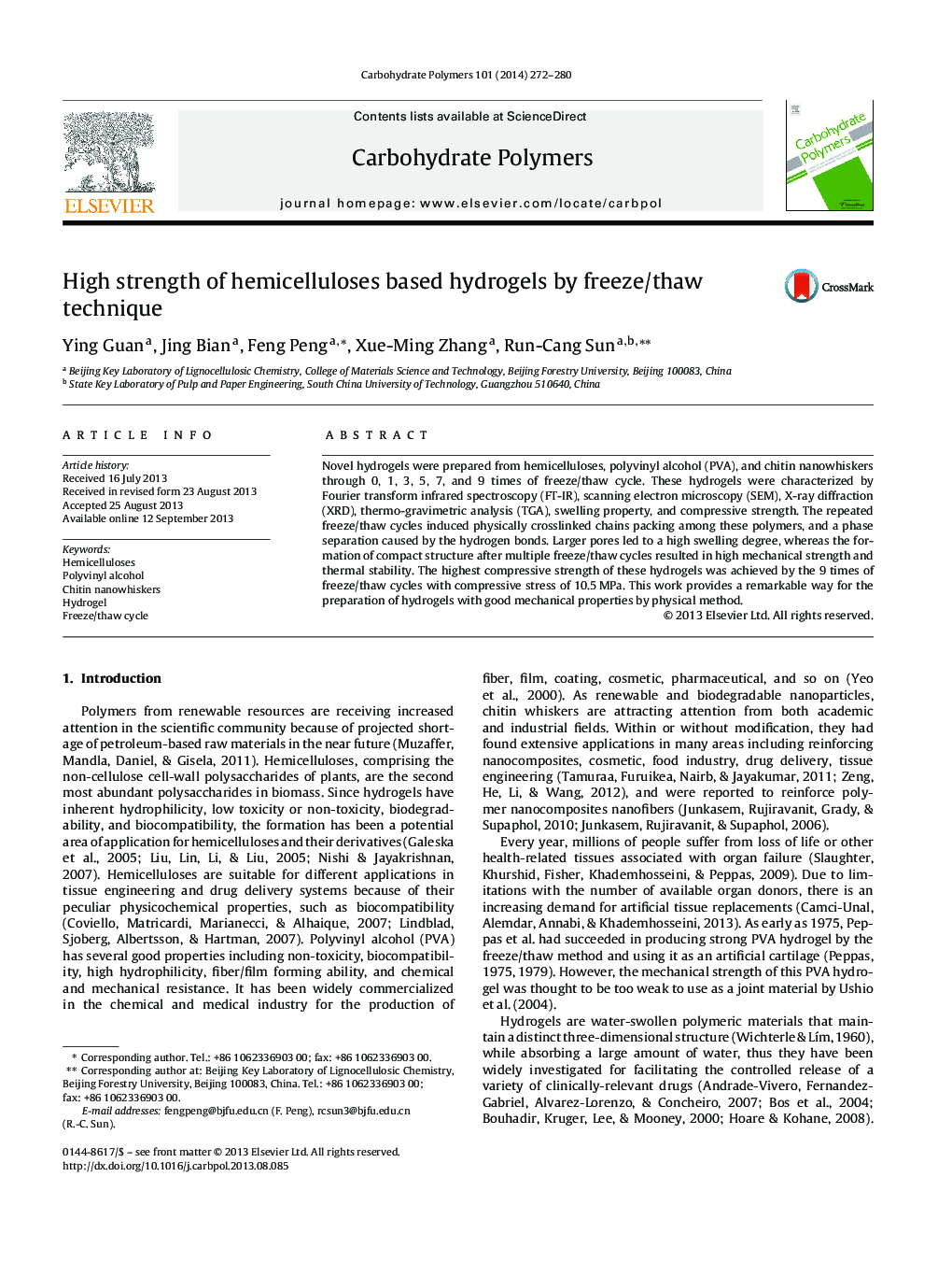 High strength of hemicelluloses based hydrogels by freeze/thaw technique