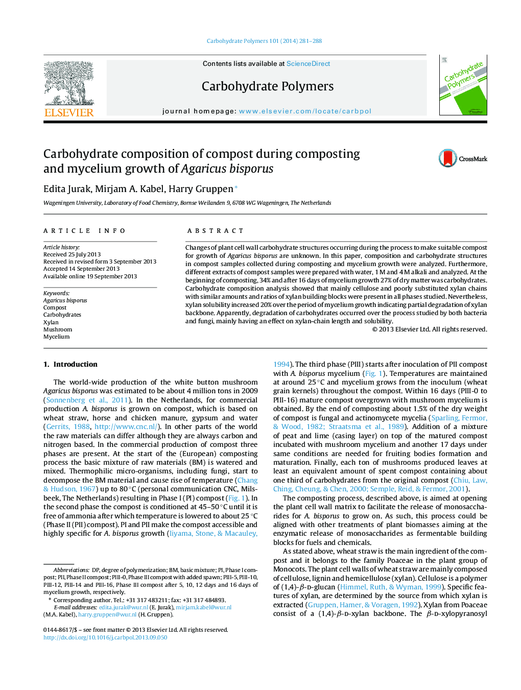 Carbohydrate composition of compost during composting and mycelium growth of Agaricus bisporus