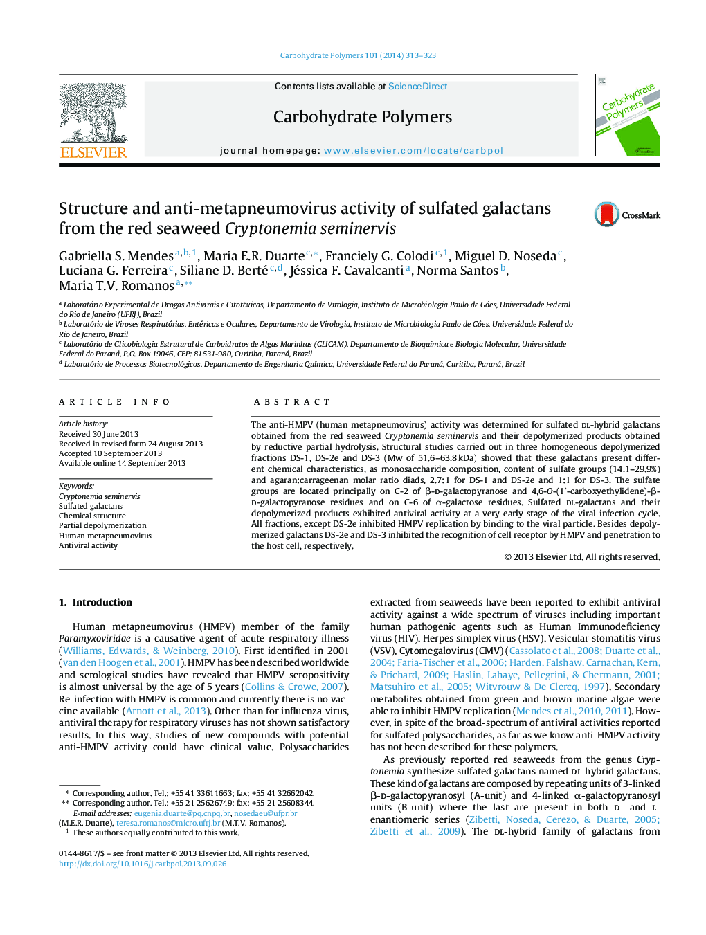 Structure and anti-metapneumovirus activity of sulfated galactans from the red seaweed Cryptonemia seminervis