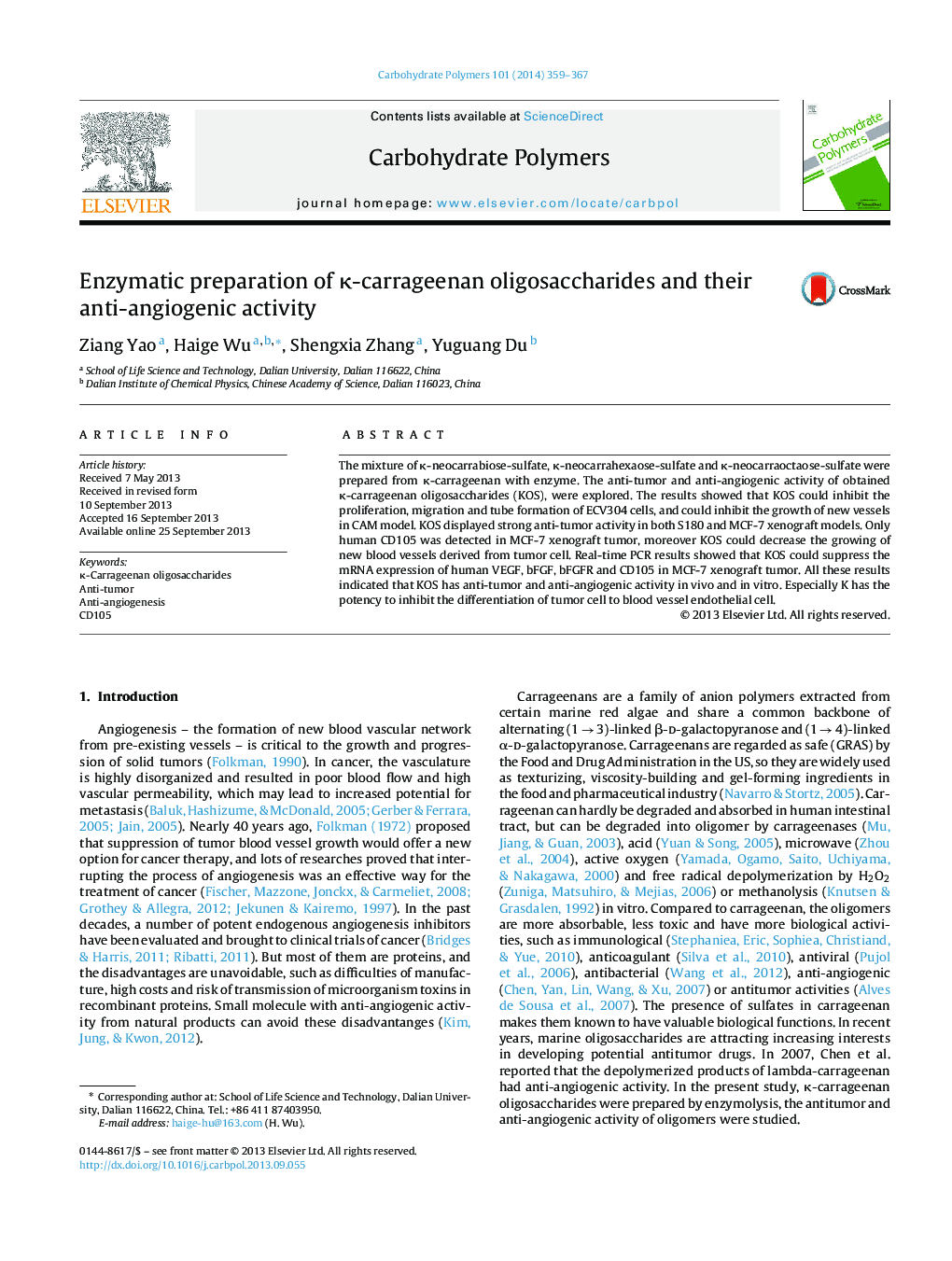 Enzymatic preparation of Îº-carrageenan oligosaccharides and their anti-angiogenic activity