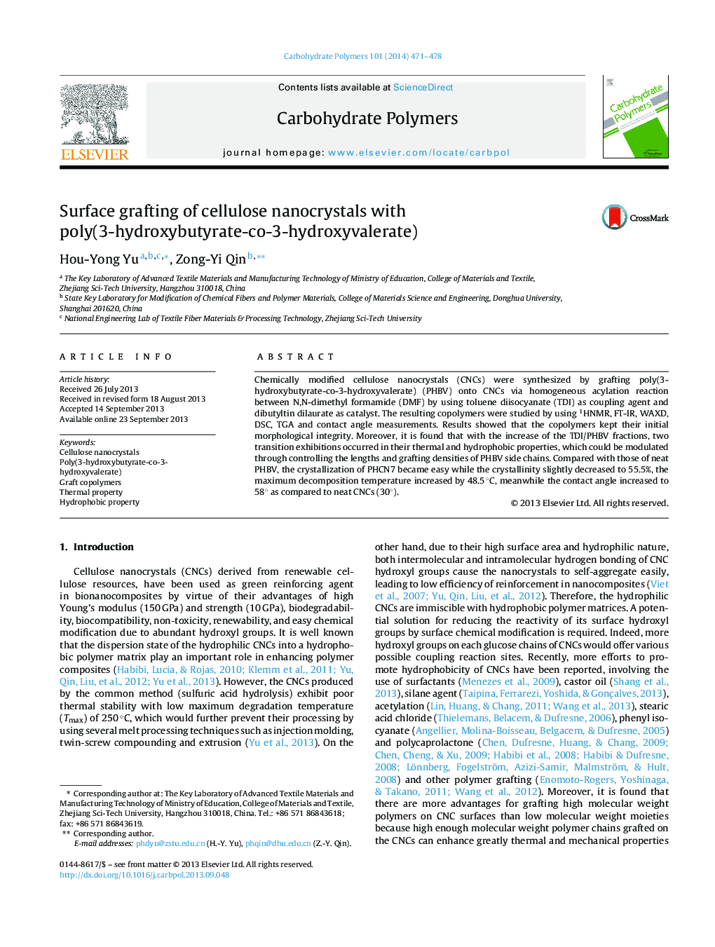 Surface grafting of cellulose nanocrystals with poly(3-hydroxybutyrate-co-3-hydroxyvalerate)