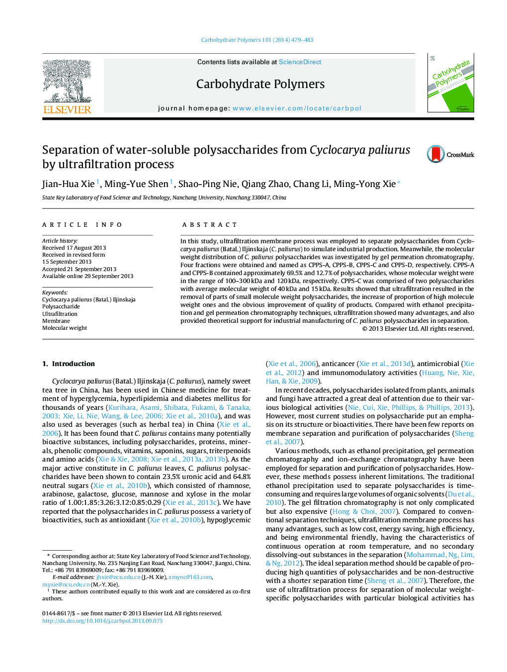 Separation of water-soluble polysaccharides from Cyclocarya paliurus by ultrafiltration process