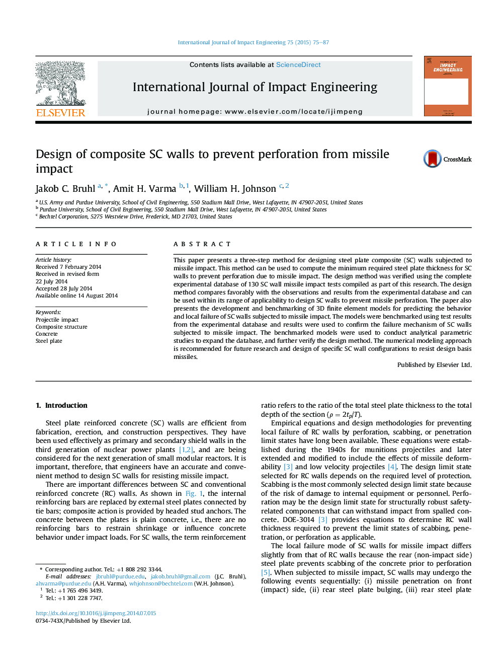 عکس صفحه اول مقاله: Design of composite SC walls to prevent perforation from missile impact Design of composite SC walls to prevent perforation from missile impact