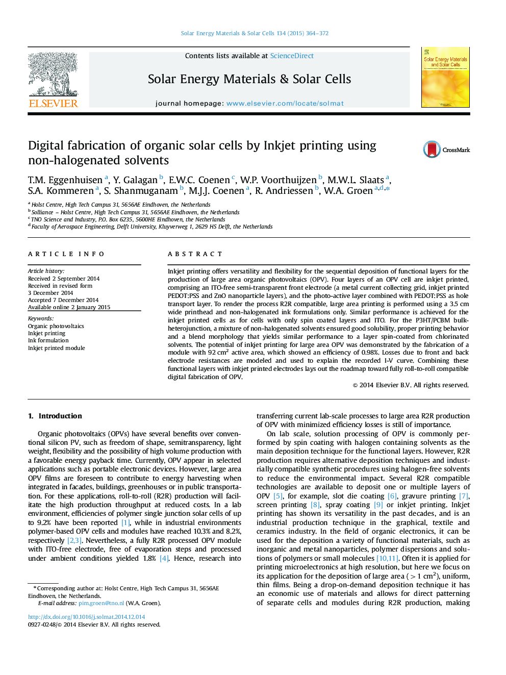 Digital fabrication of organic solar cells by Inkjet printing using non-halogenated solvents